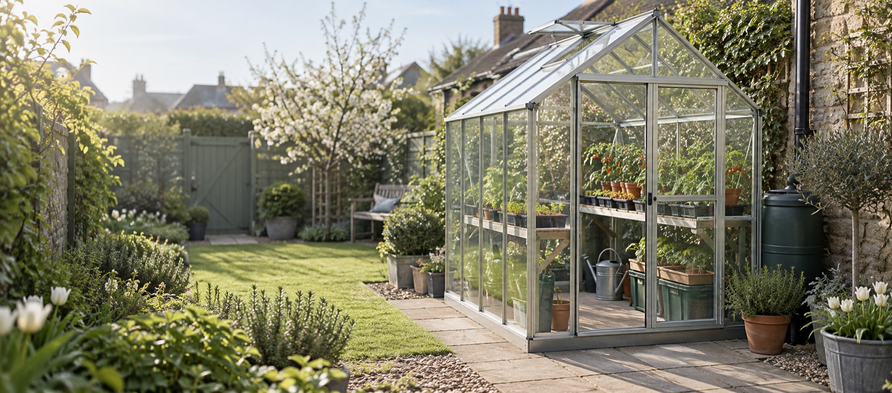 Compact 6 by 4 greenhouse with a central path in a narrow British garden