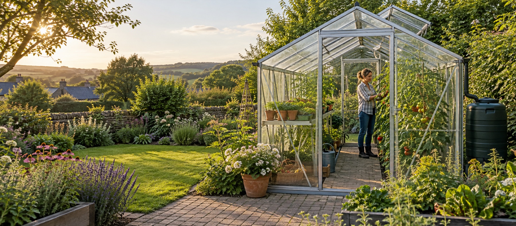 Walk-in greenhouse with staging and tomato plants