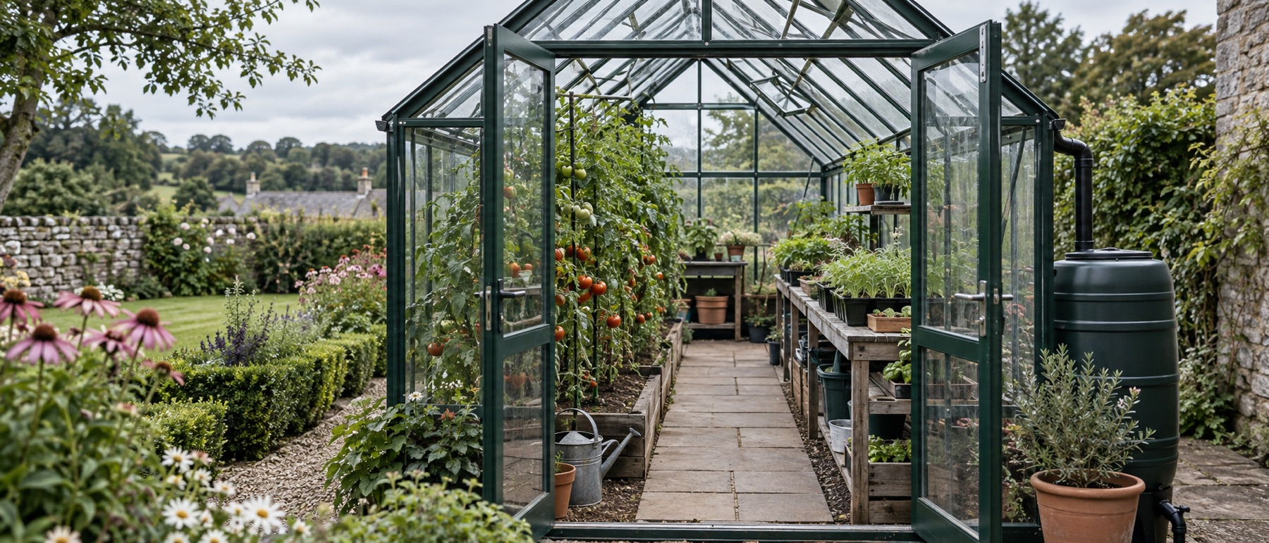 Spacious greenhouse with central path, tomato plants and staging