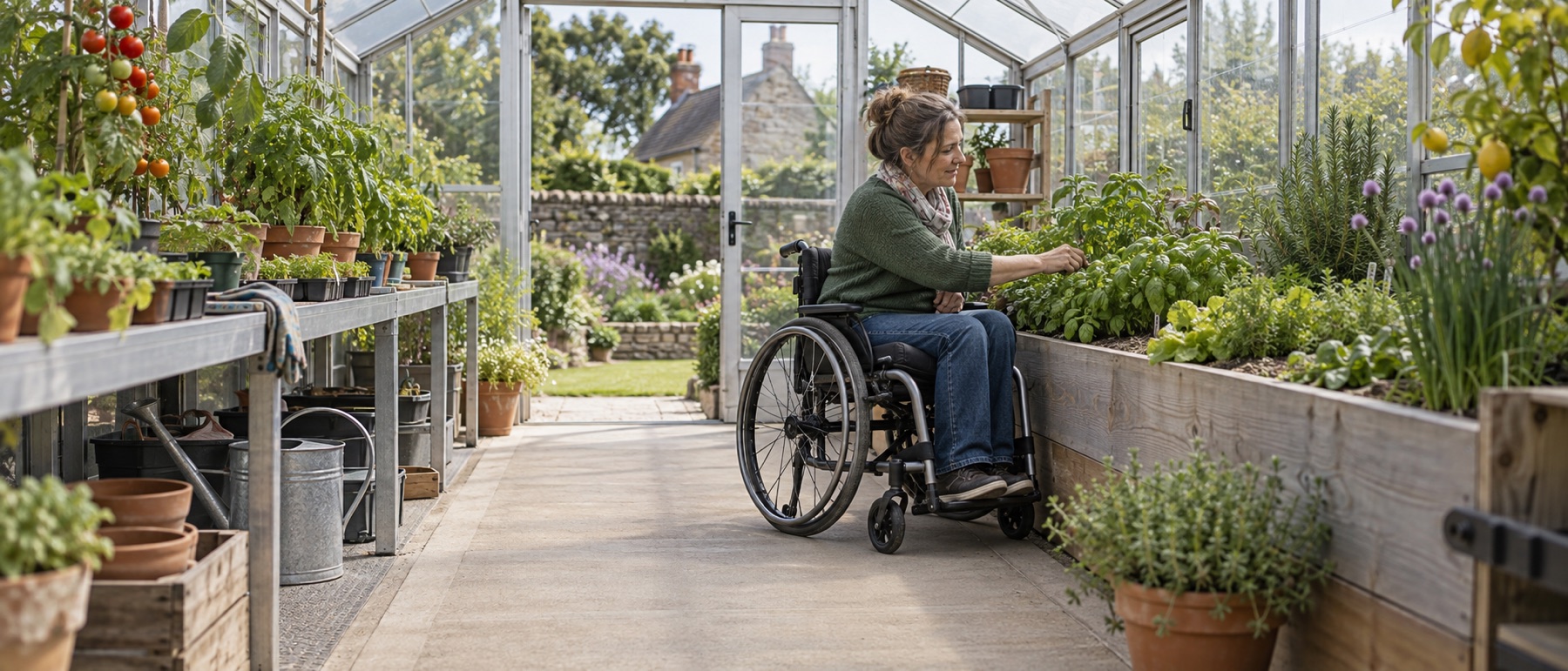 Wheelchair user tending a reachable raised planting bed beside a wide greenhouse aisle