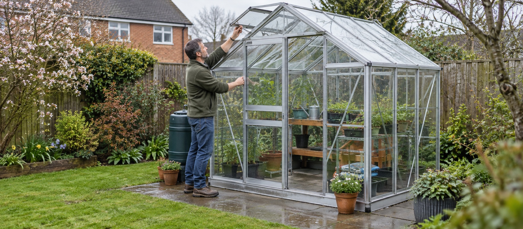 Gardener checking the roof vent on a silver aluminium greenhouse in a UK garden