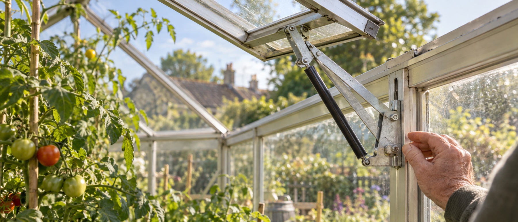 Heat-responsive automatic opener lifting a greenhouse roof vent