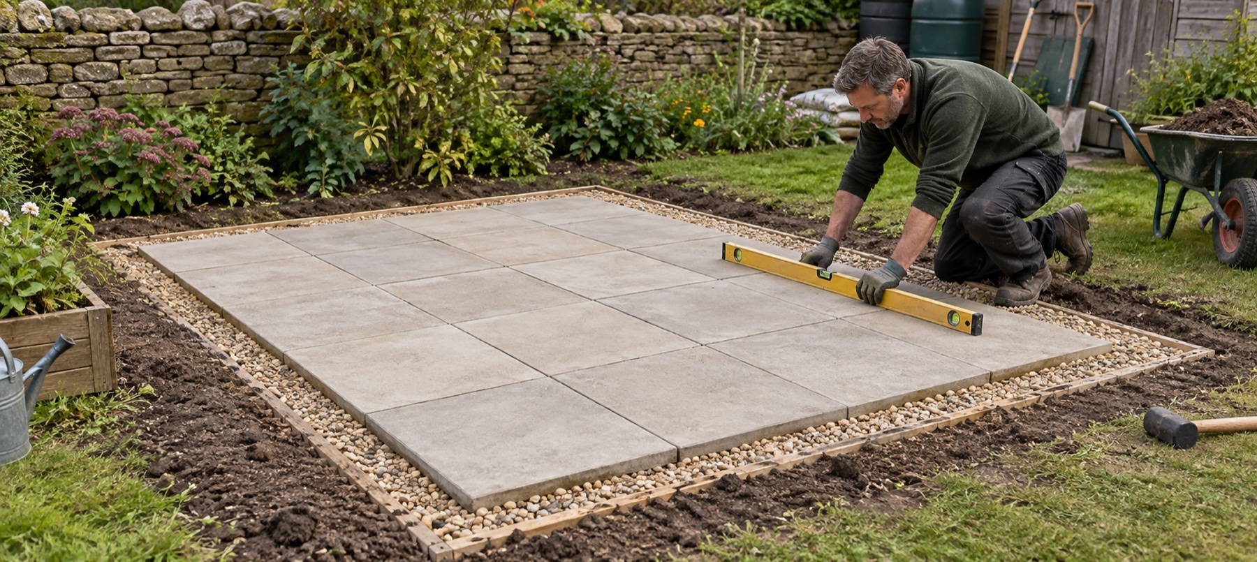 Gardener checking a paved greenhouse foundation with a spirit level