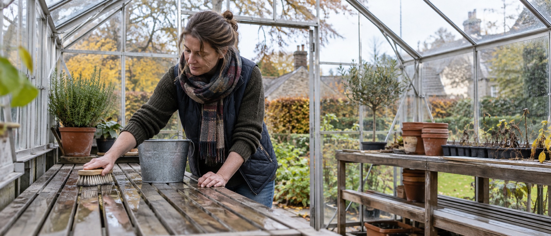 Gardener cleaning empty greenhouse staging with a soft brush and warm water