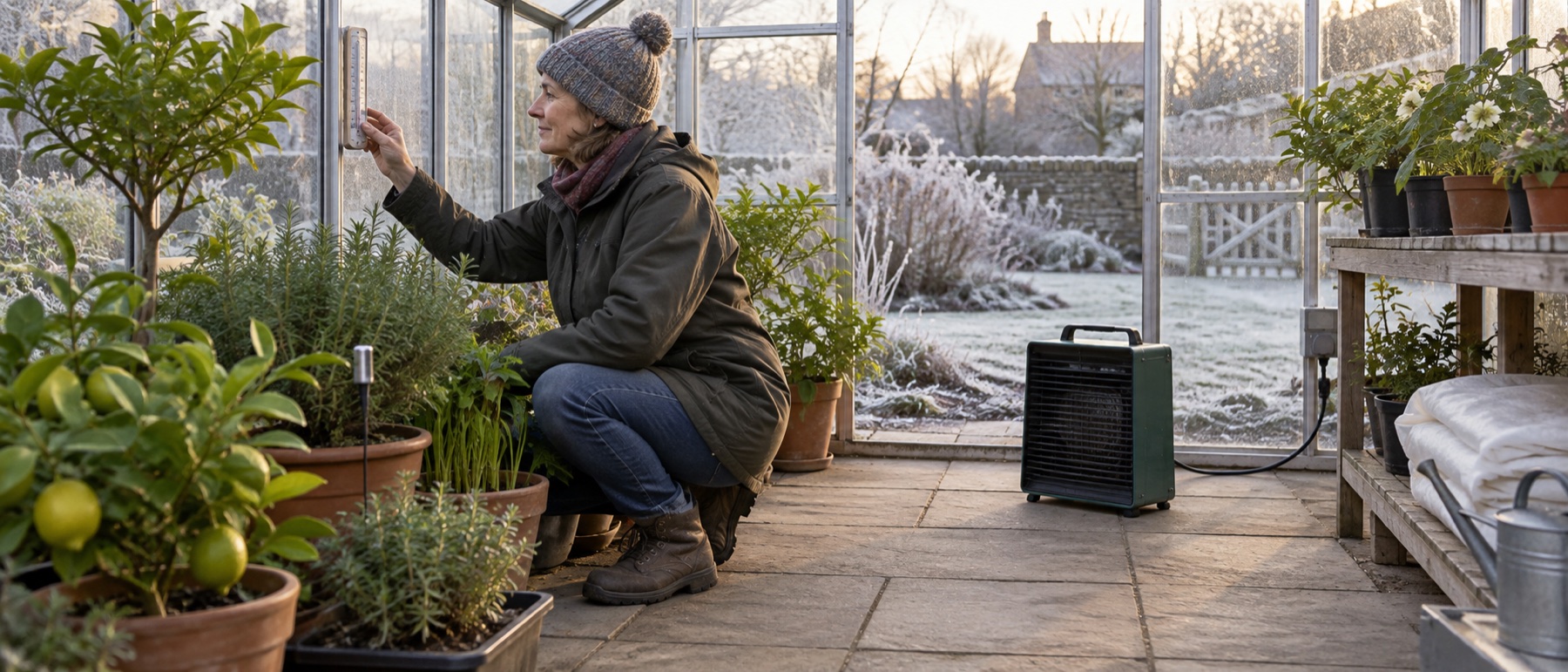 Purpose-made electric heater positioned with safe clearance in a winter greenhouse