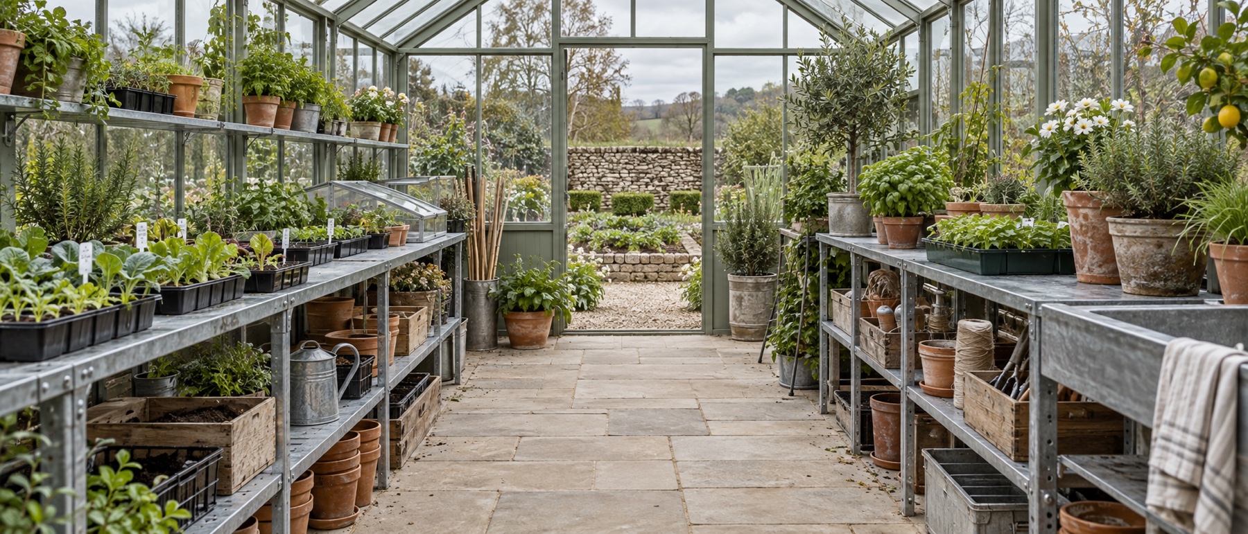 Organised galvanised staging and seed trays on both sides of a bright greenhouse