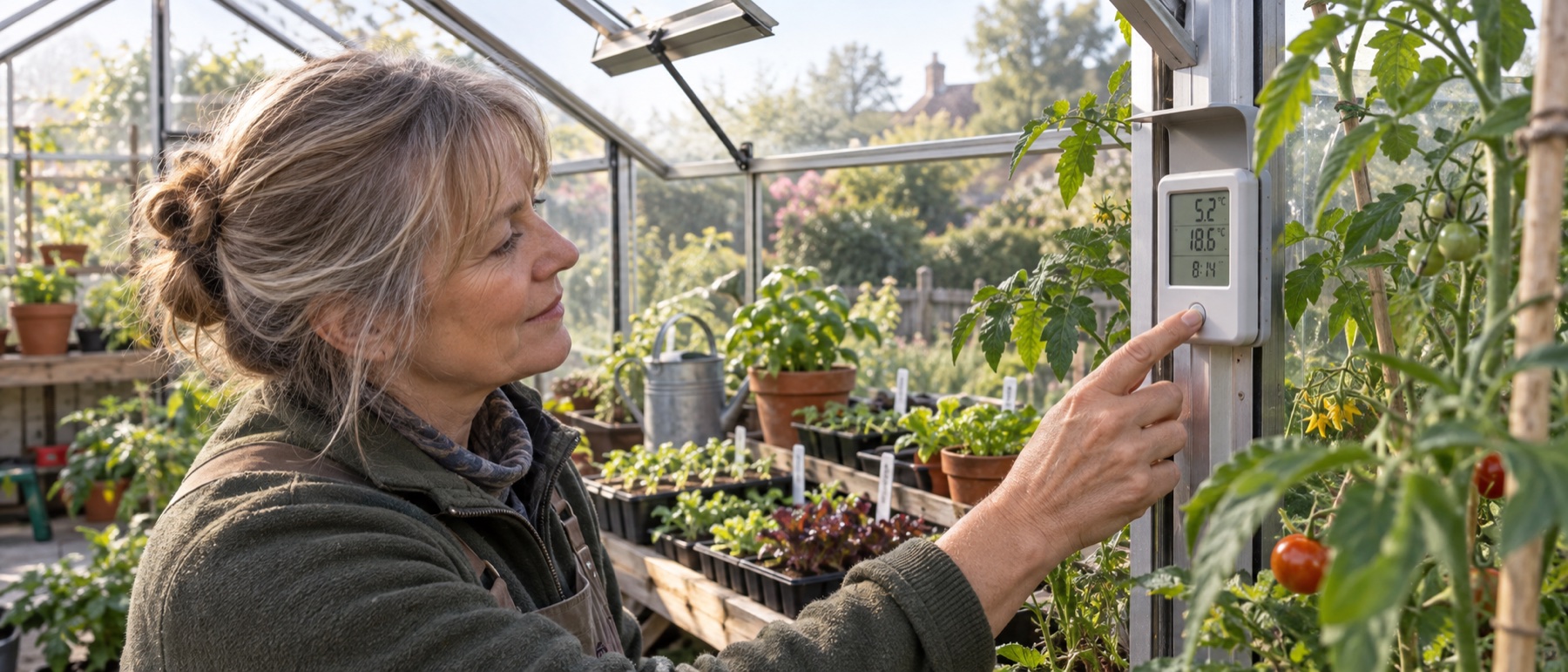 Gardener resetting a shaded max-min thermometer inside a greenhouse