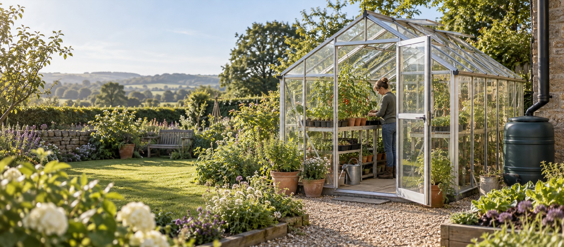 Gardener tending tomatoes inside a greenhouse in a British garden