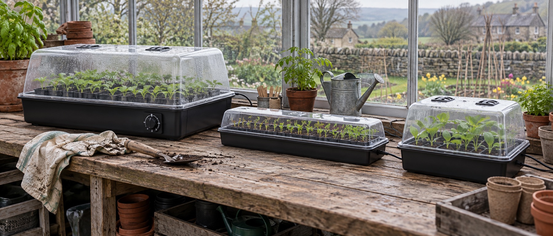 Three differently sized heated propagators with young seedlings on a greenhouse bench