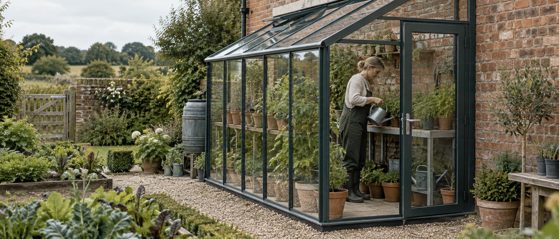 Long lean-to greenhouse against a brick wall in a British garden