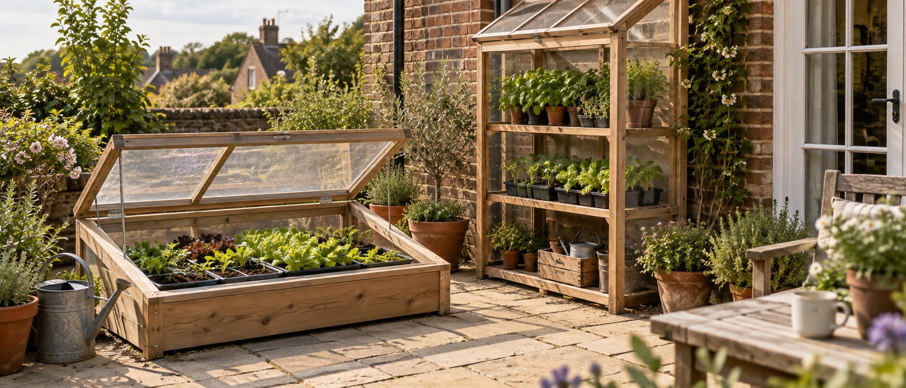 Low timber growhouse and taller mini greenhouse with plants on a British patio