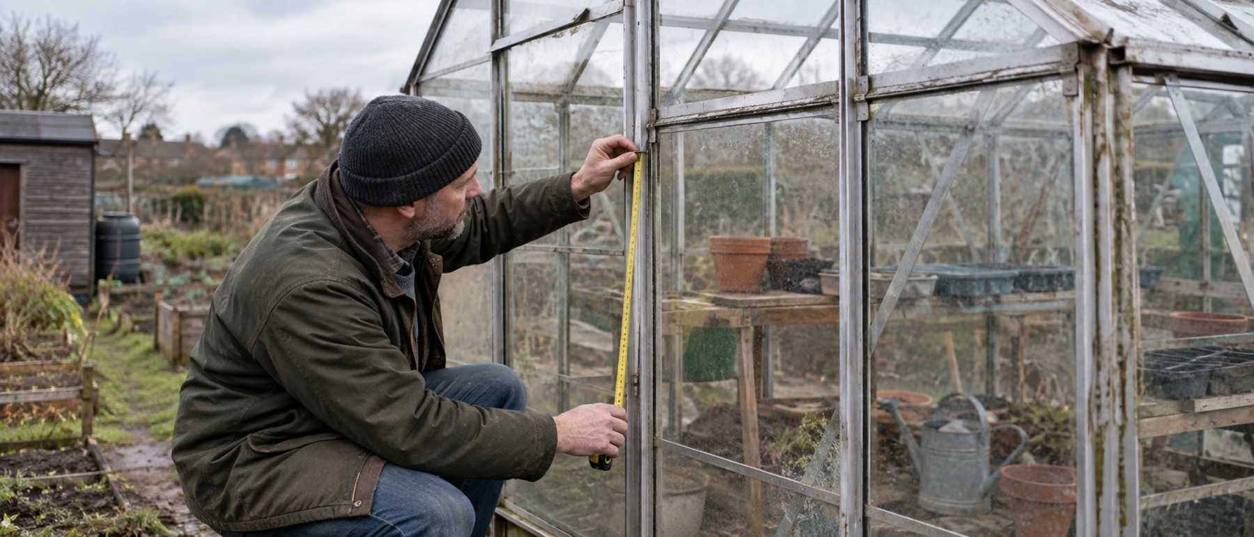 Buyer inspecting the frame and glazing of a second-hand greenhouse