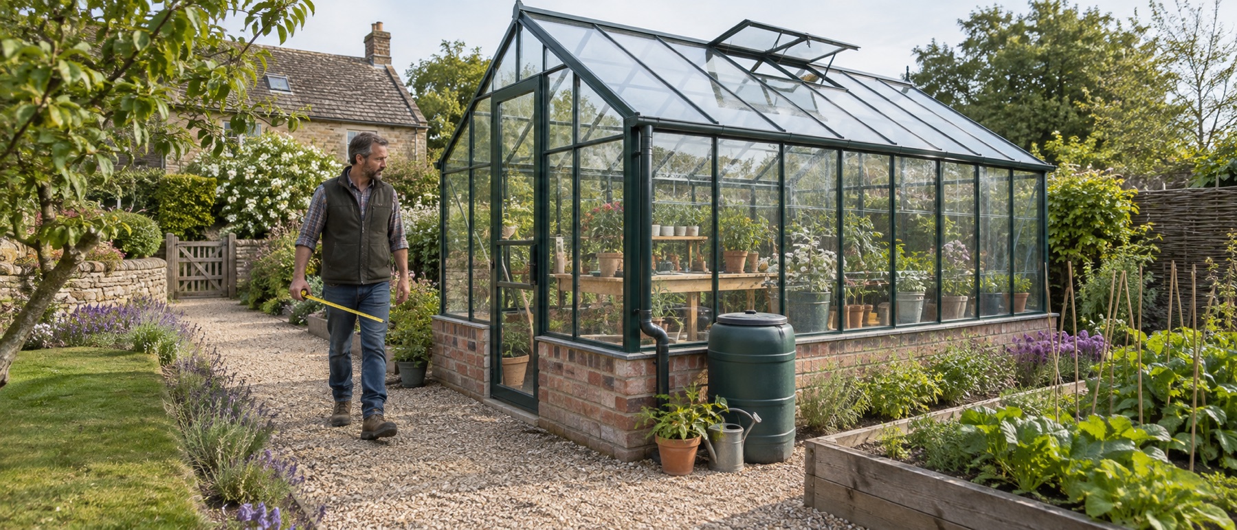 Gardener checking the clear path beside a greenhouse