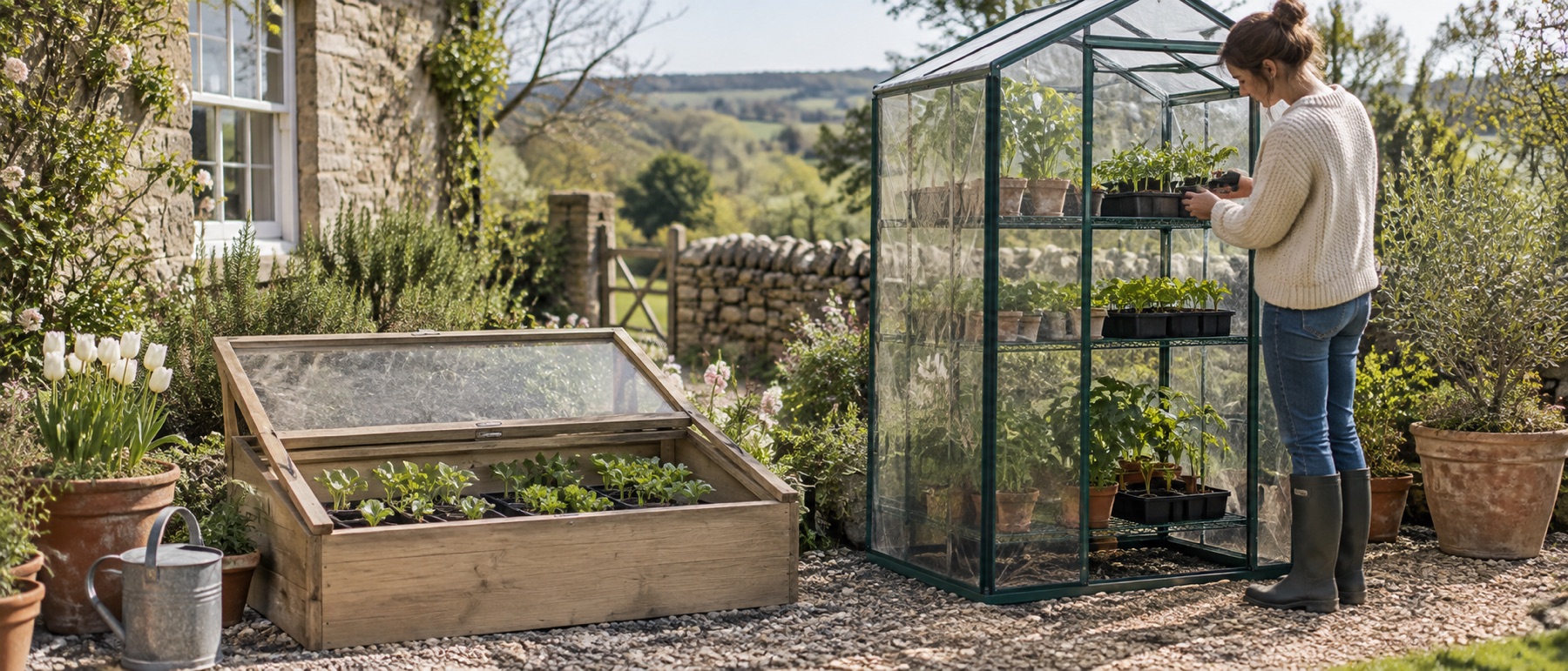 Low timber cold frame beside a taller mini greenhouse in a British garden