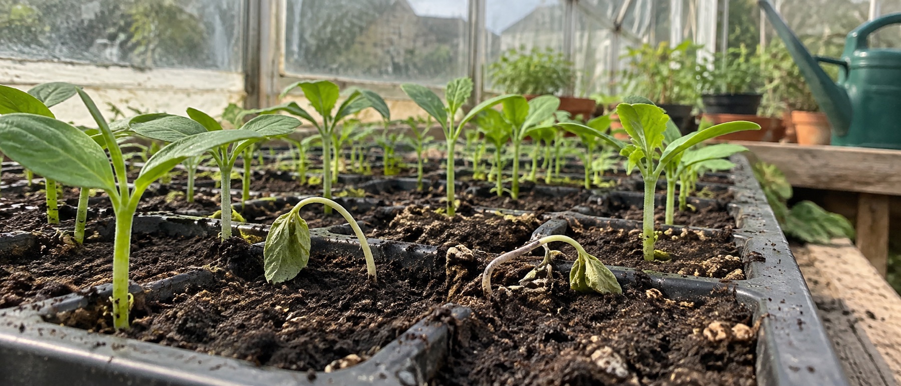 A few collapsed seedlings beside healthy young plants in a greenhouse tray