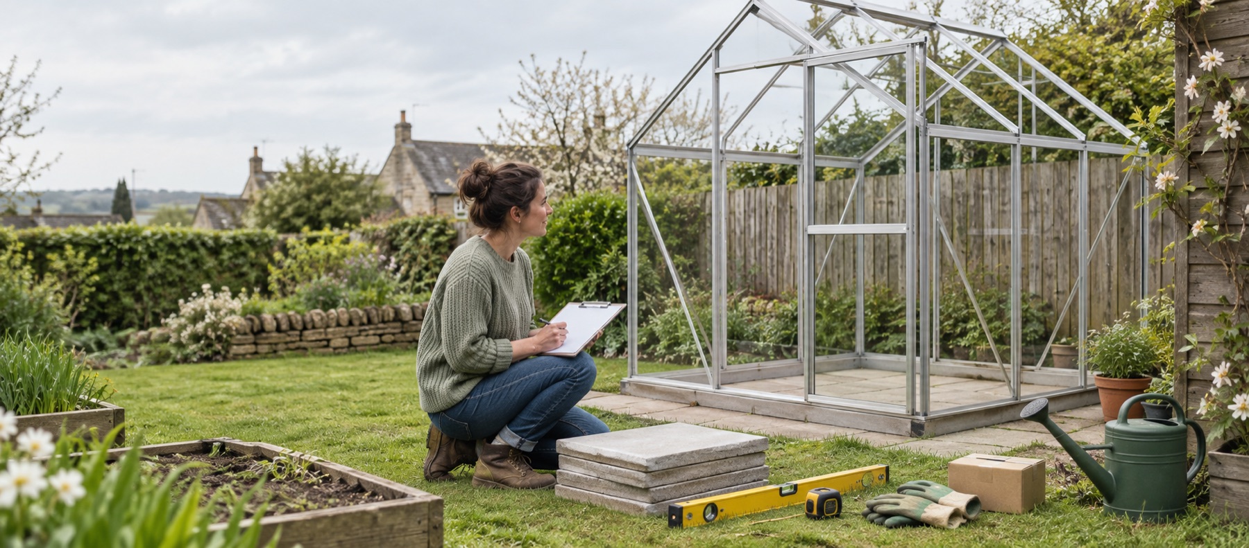 First-time greenhouse owner checking a partially assembled frame and base materials