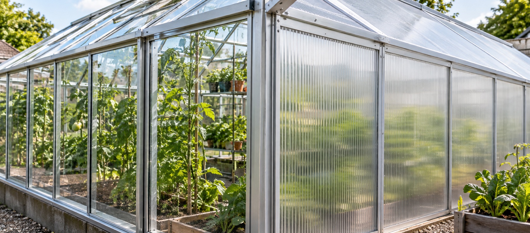 Greenhouse bays showing clear glass beside translucent twin-wall polycarbonate