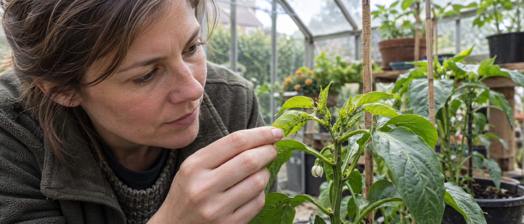 Small aphid colony on tender greenhouse pepper growth