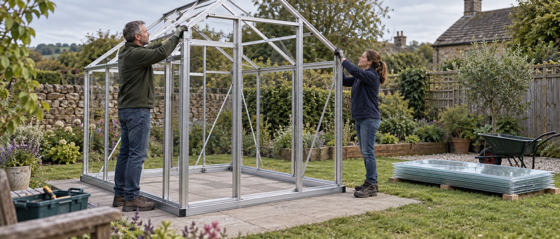 Two adults assembling a greenhouse frame with glazing panels stacked safely nearby