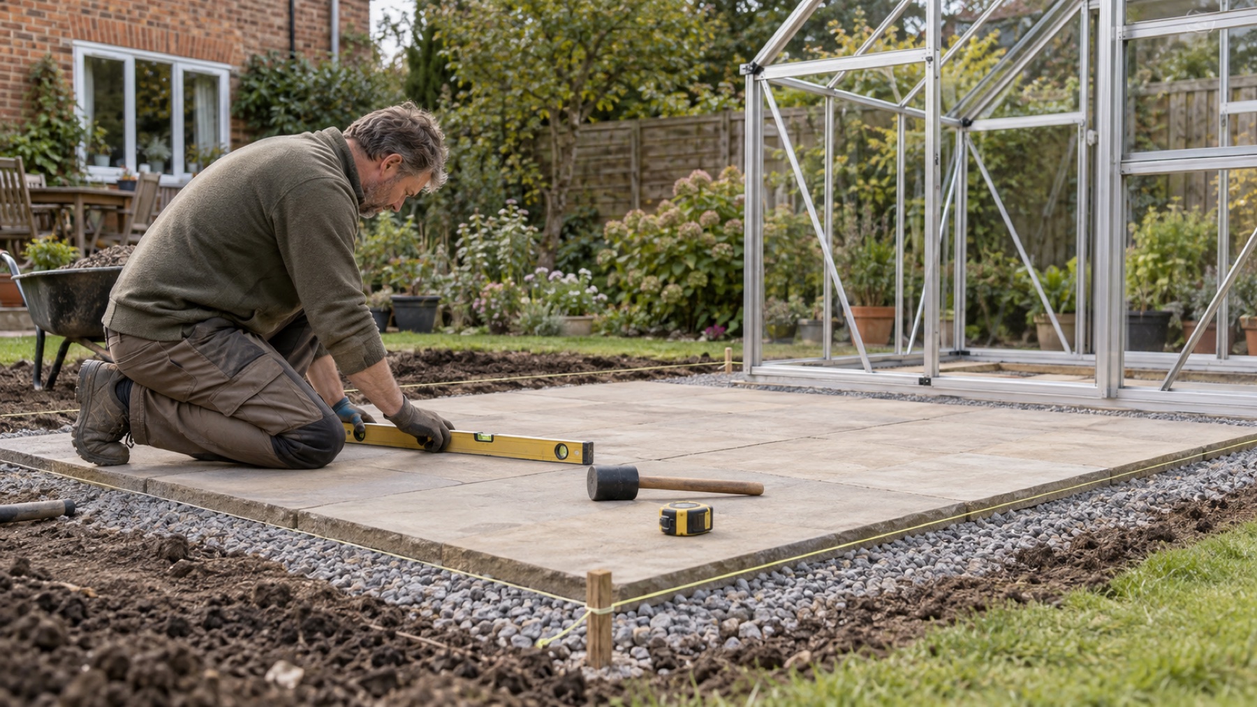 Gardener checking a level on a paved greenhouse base