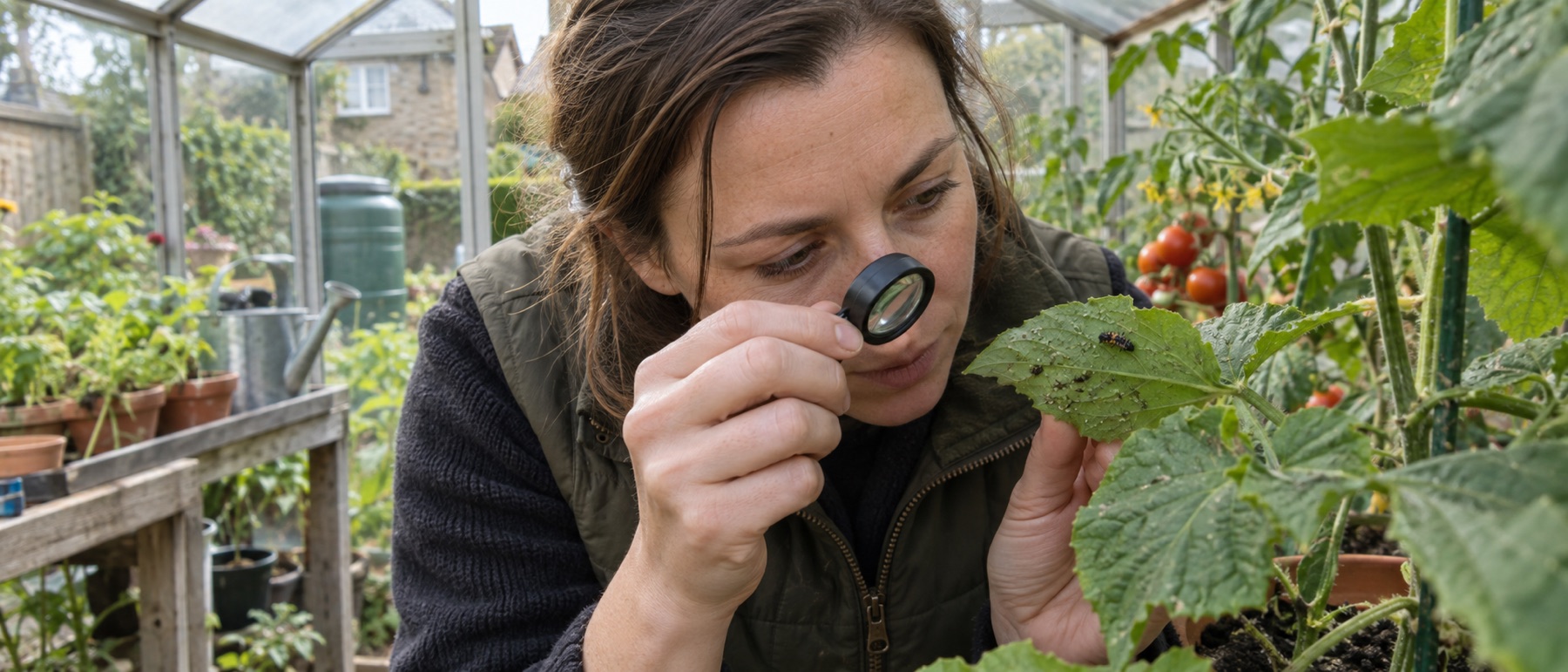 Gardener examining a greenhouse leaf for small pests and beneficial insects