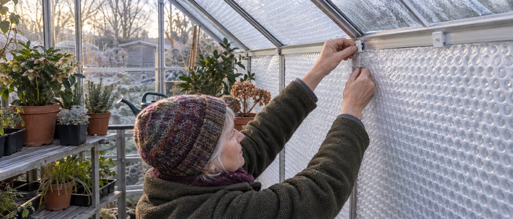Gardener fitting clear bubble insulation inside a greenhouse in winter
