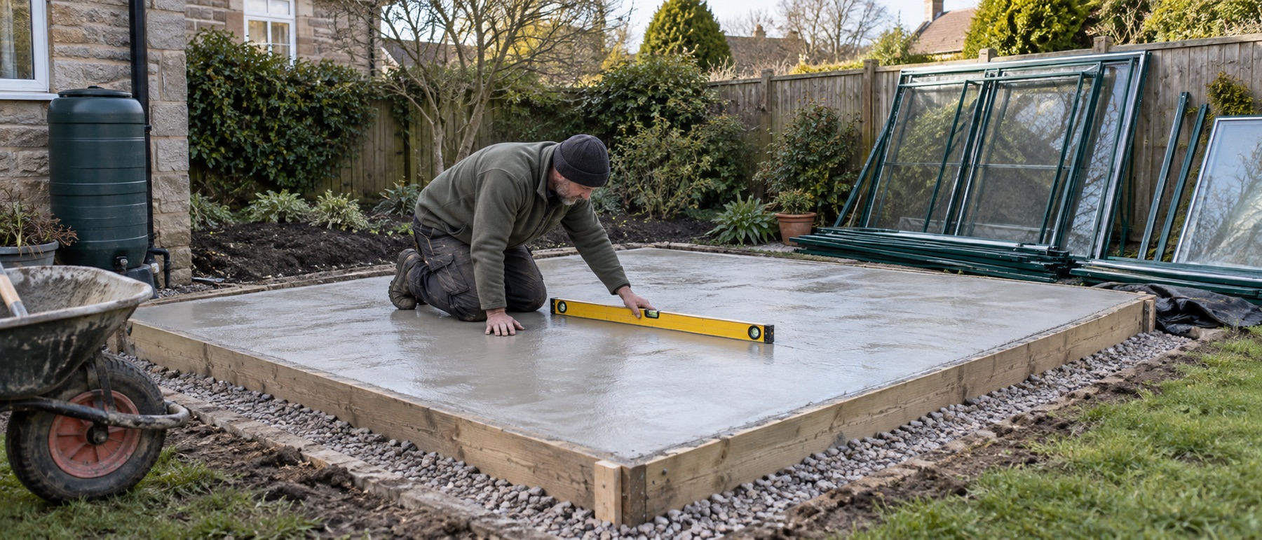 Groundworker checking a newly prepared greenhouse concrete slab with a level