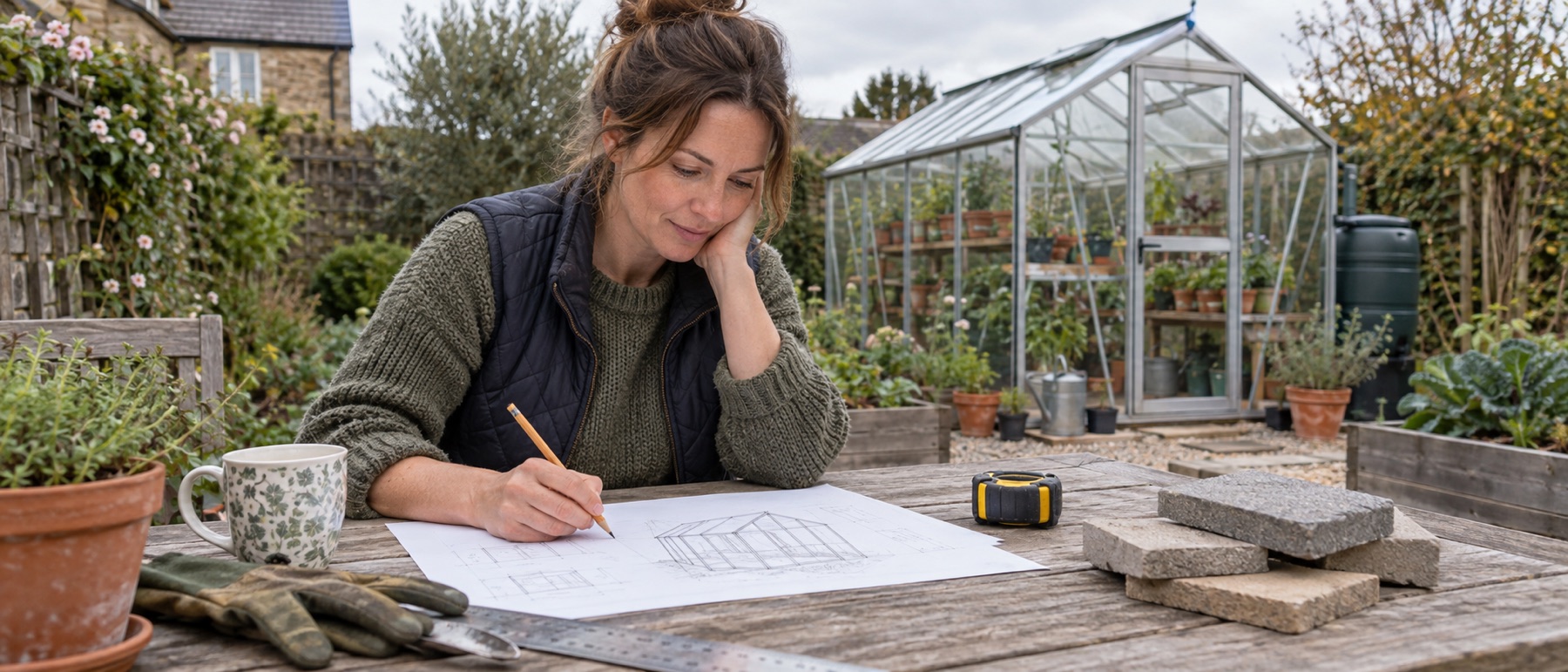 Gardener planning a greenhouse project with a sketch, tape measure and paving samples