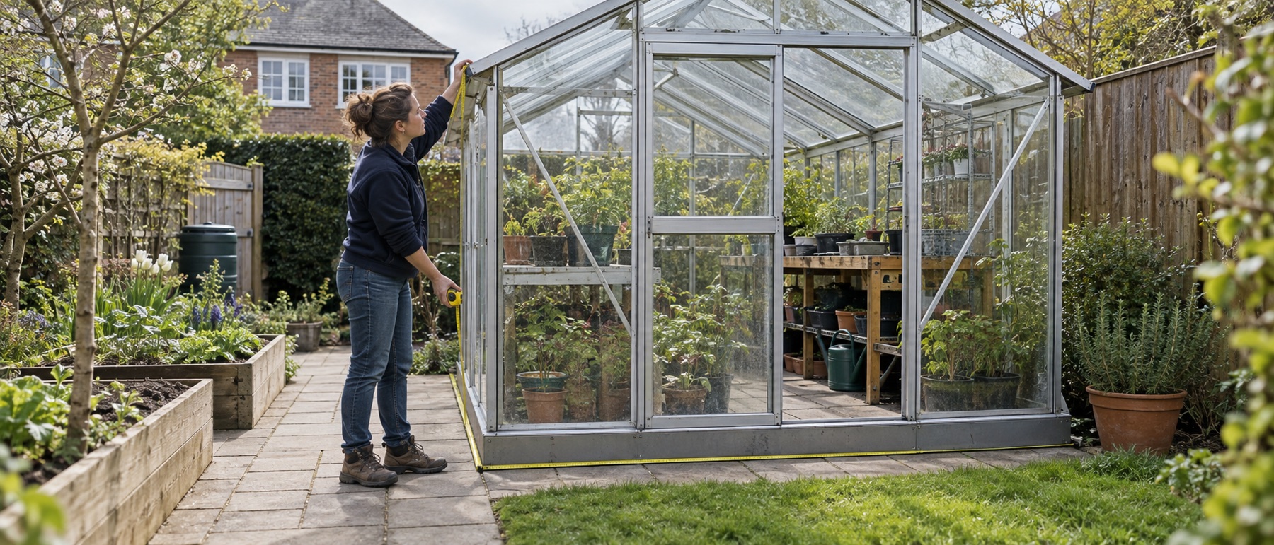 Gardener measuring the exterior dimensions of a greenhouse in a British garden