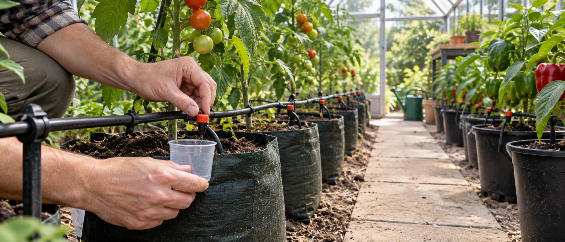 Gardener measuring the output from a drip emitter beside greenhouse tomatoes