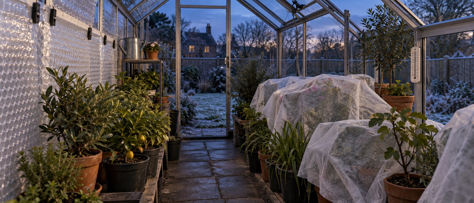 Tender greenhouse plants protected with fleece and reusable bubble insulation on a frosty evening