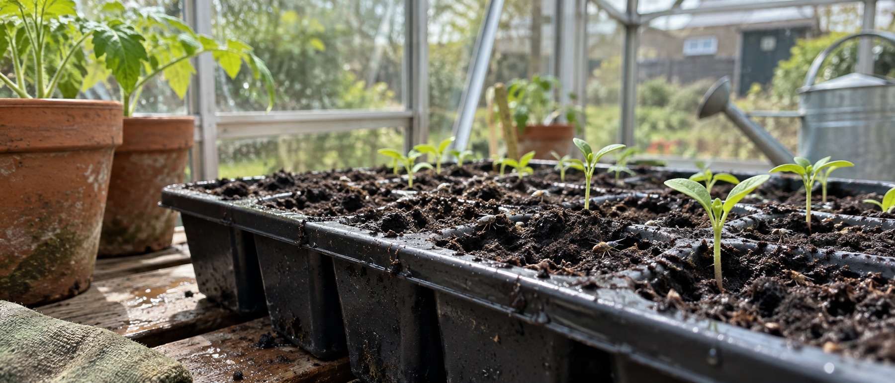 Tiny dark flies near a damp seed tray on a greenhouse bench