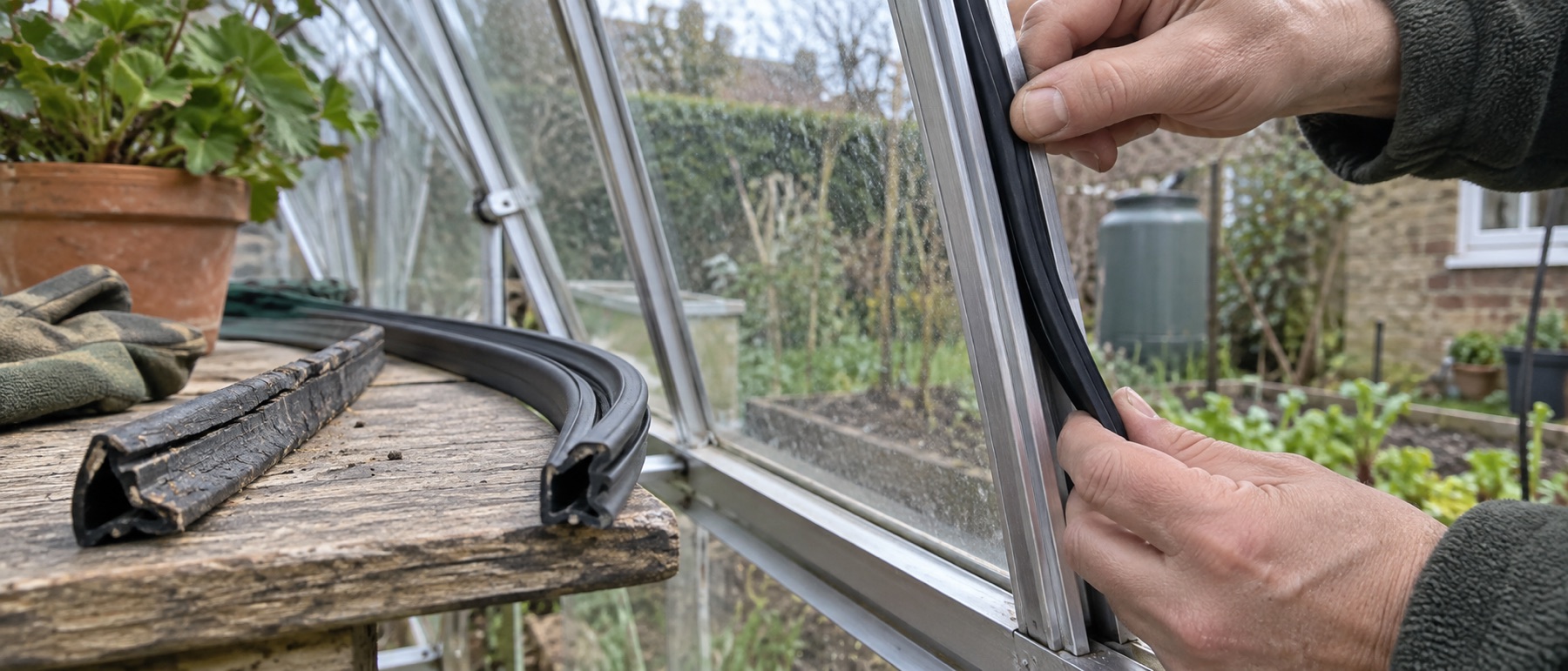 Close view of a greenhouse glazing gasket being inspected beside a glass pane