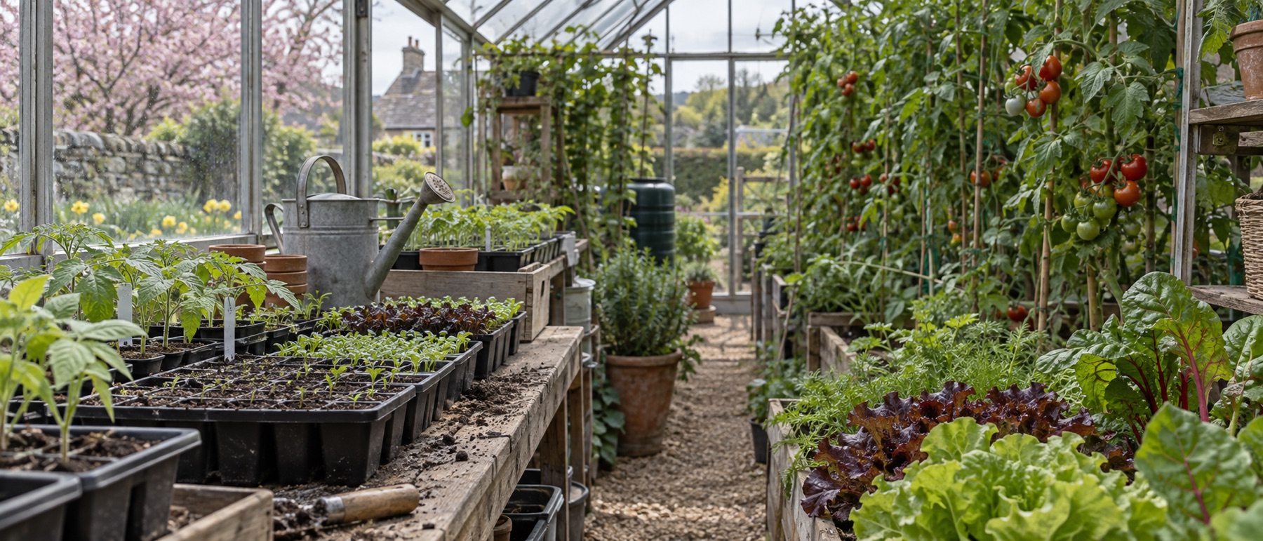 Greenhouse with spring seedlings, productive tomatoes and salad crops in separate areas