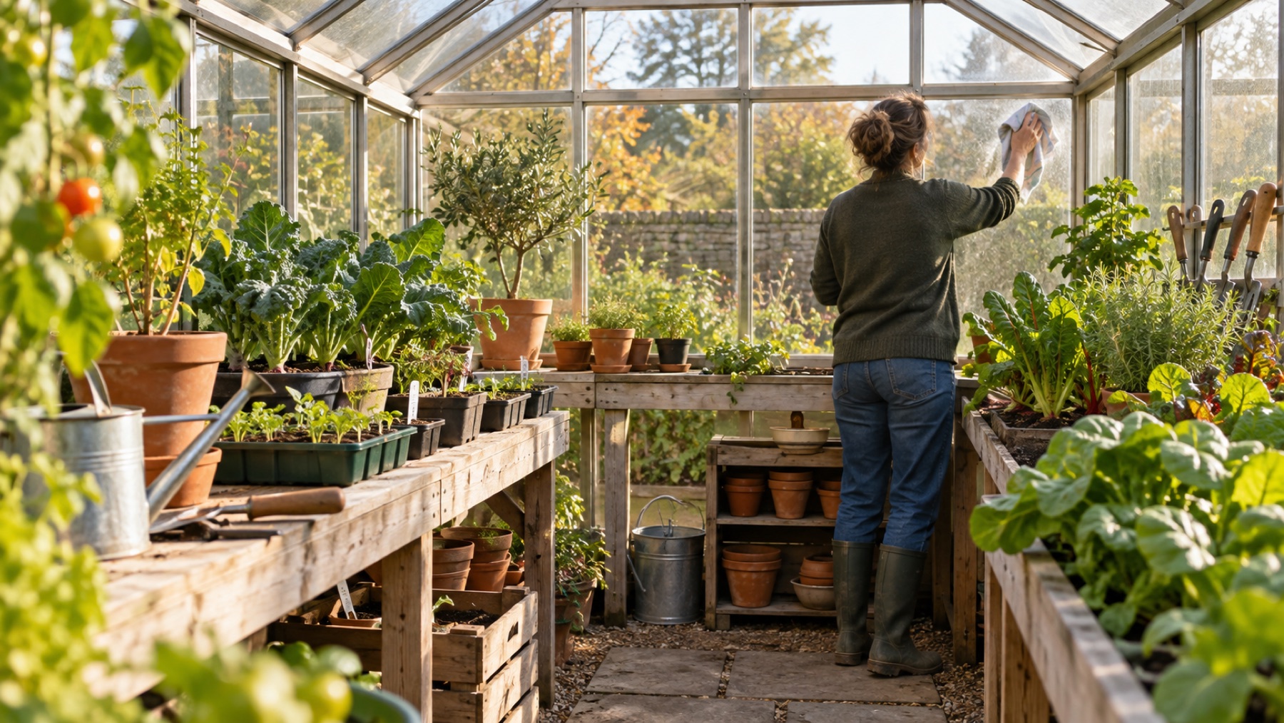 Gardener cleaning the inside of a productive greenhouse