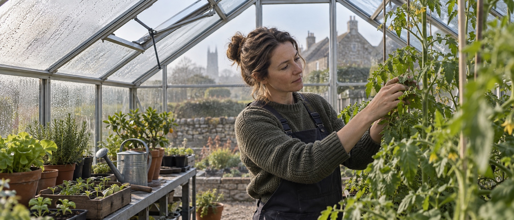 Gardener checking condensation and plants inside a ventilated greenhouse