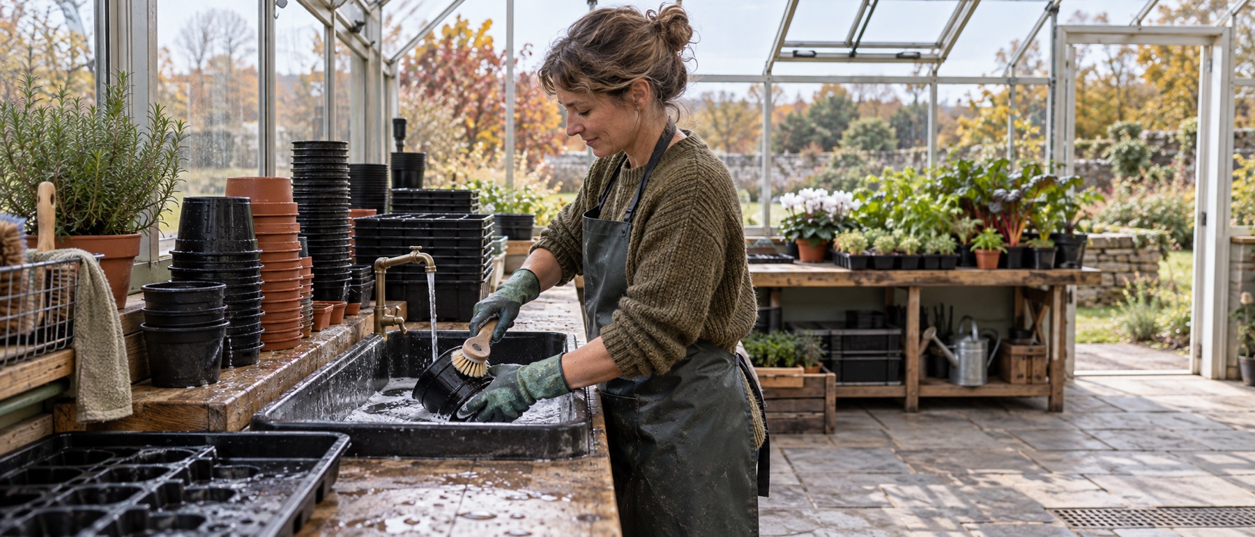 Gardener washing reusable pots and seed trays in an orderly greenhouse workspace