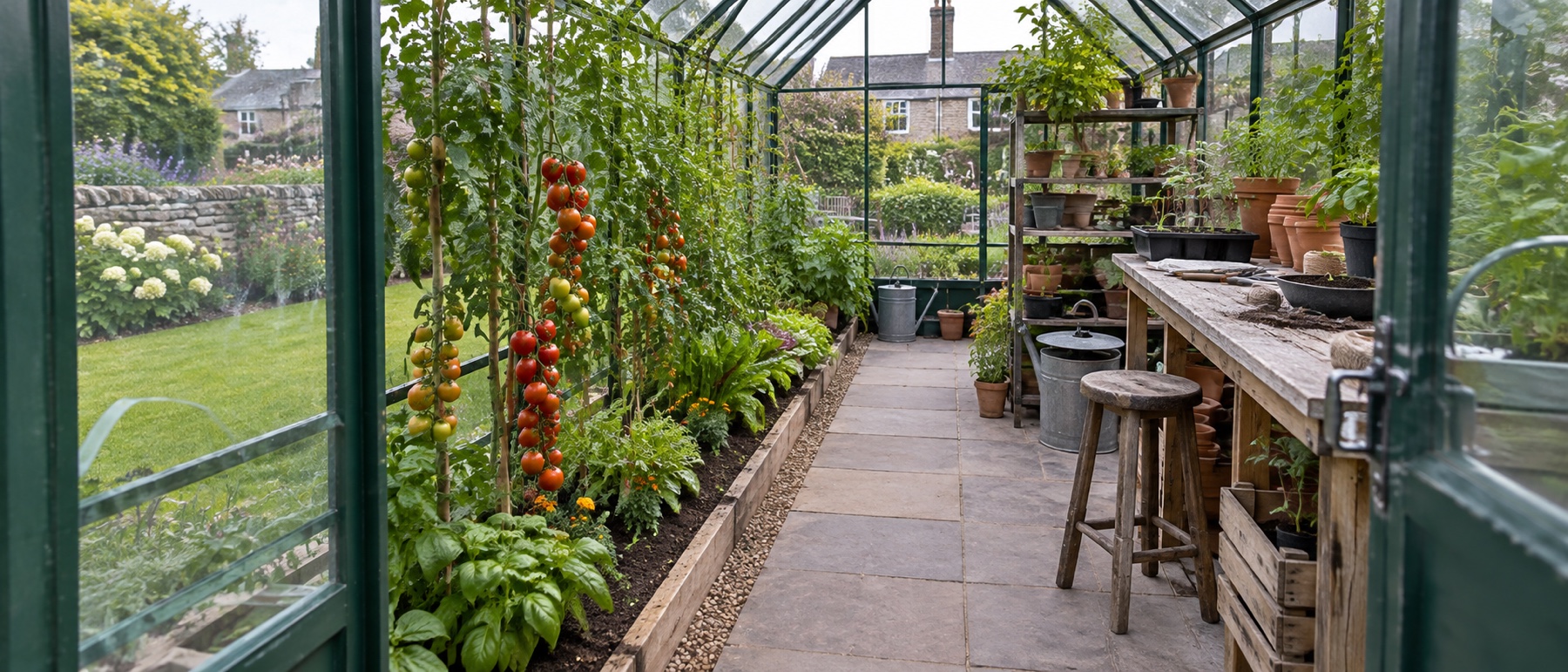 Greenhouse divided into a clear path, planted border, staging and potting areas