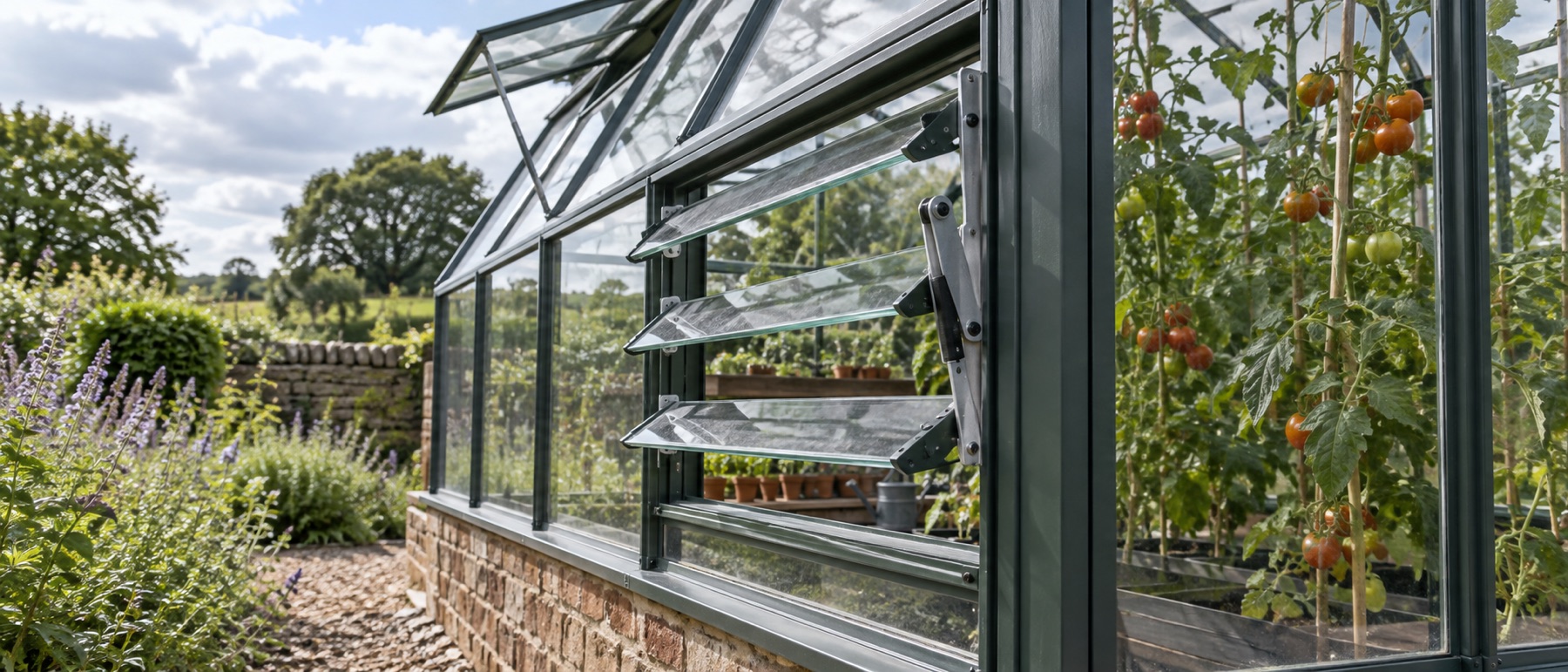 Open low louvre vent admitting fresh air to a greenhouse