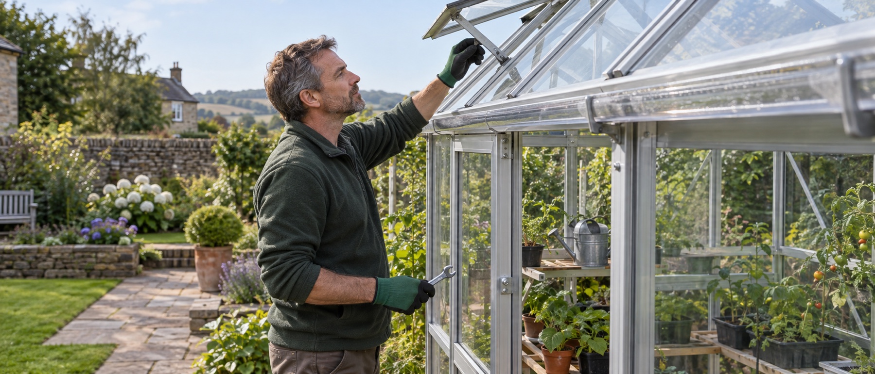 Gardener checking a greenhouse roof vent and frame on a calm dry day