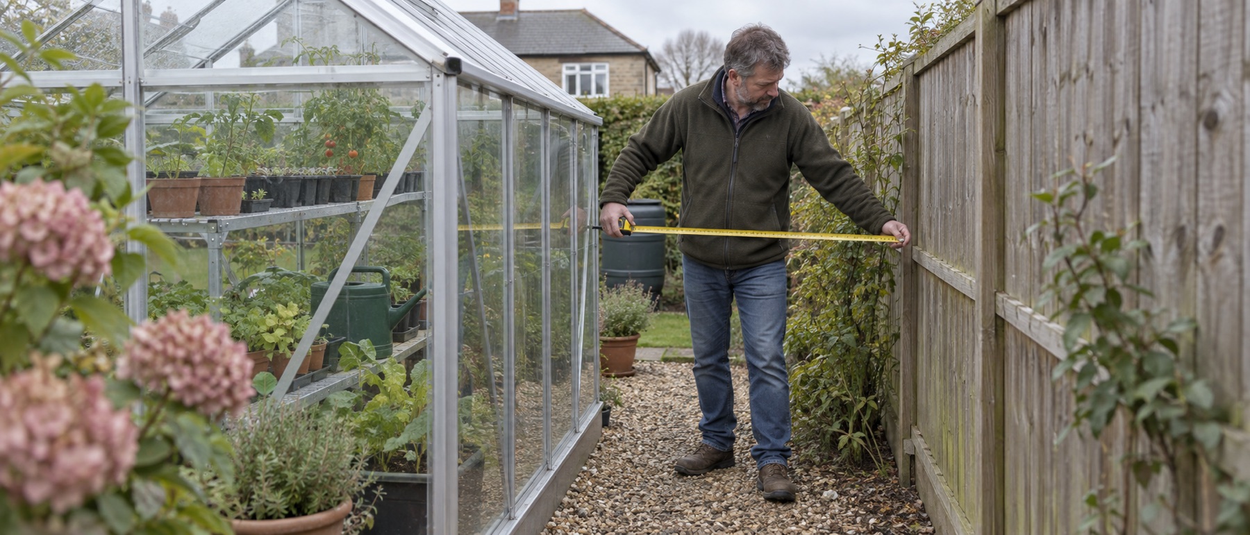 Gardener measuring the working space between a greenhouse and a timber boundary fence