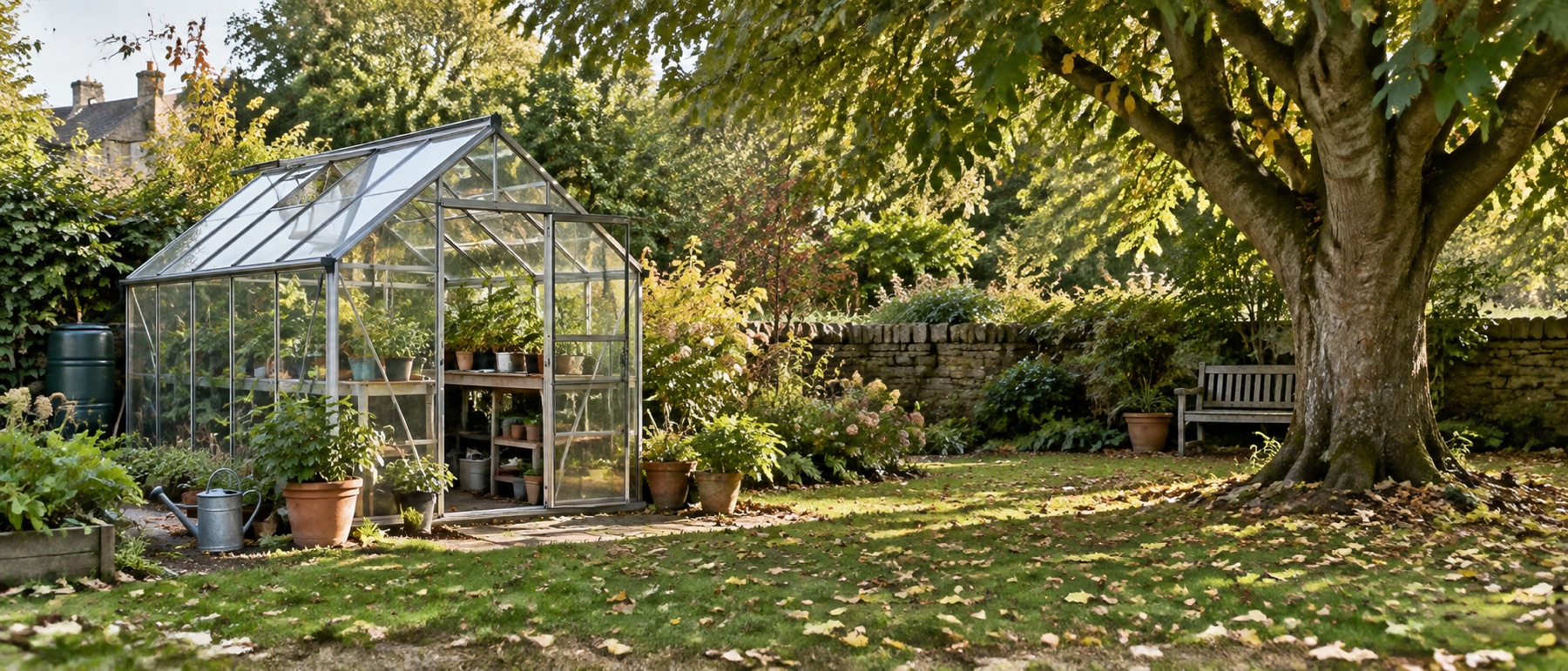 Greenhouse in a garden with a mature tree set well away from its foundation