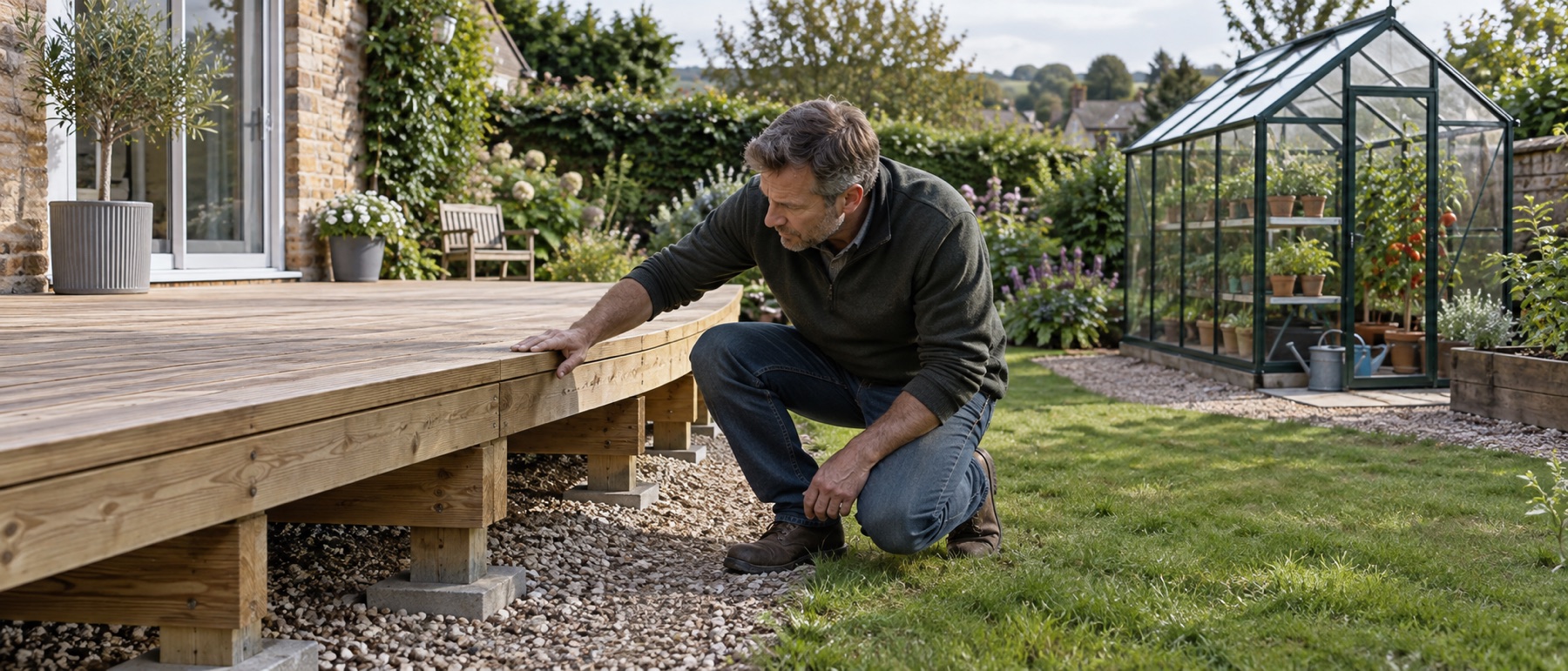Homeowner inspecting a raised timber deck with a greenhouse on solid ground beyond