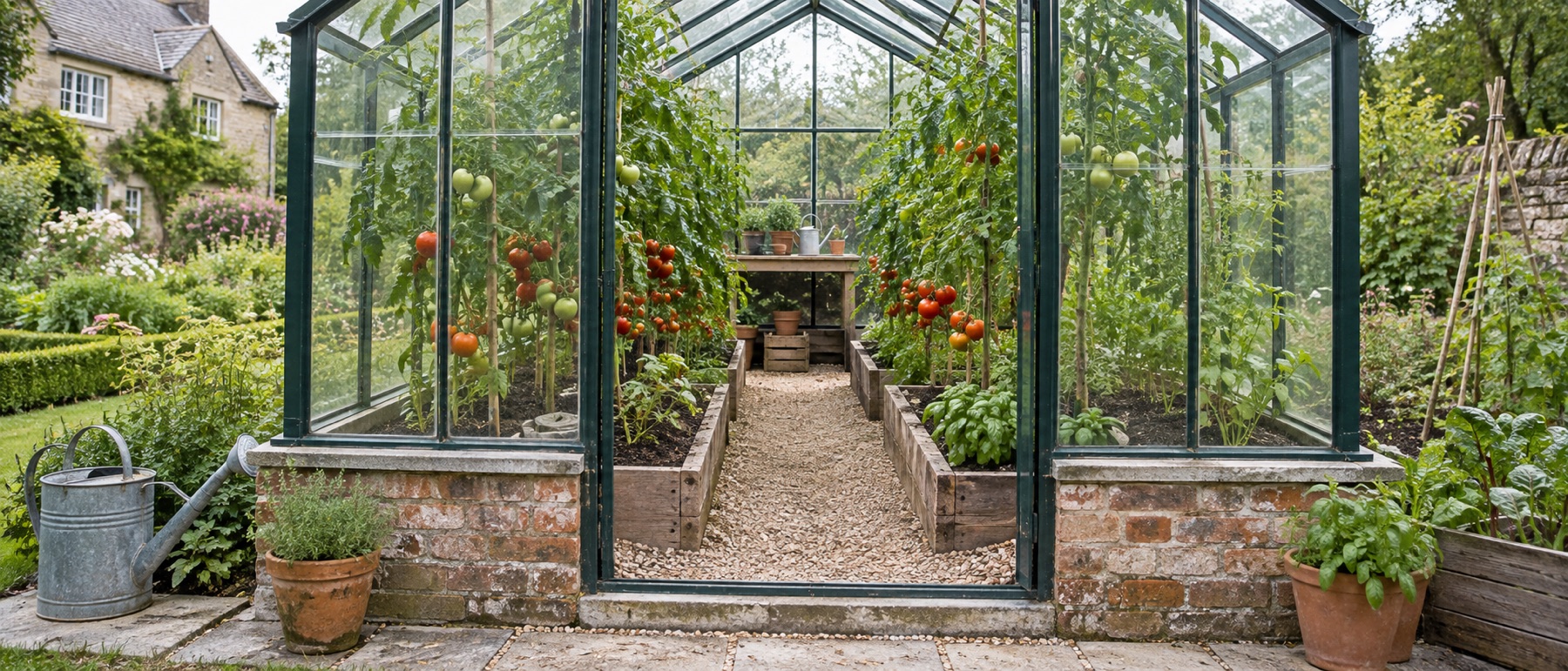 Greenhouse with tomato plants in soil beds and a stable central path