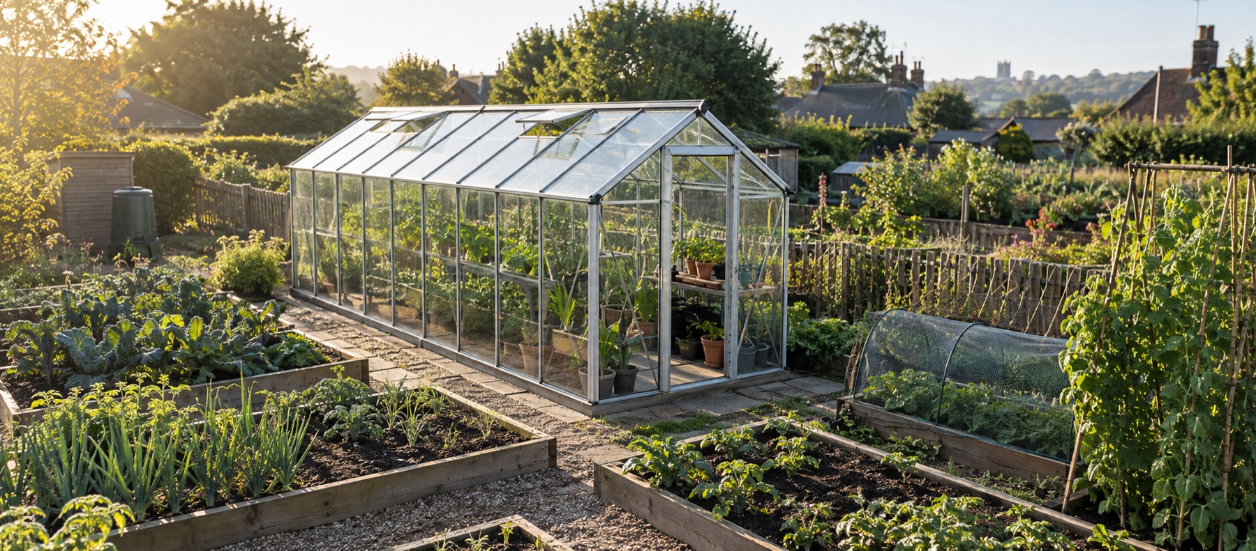 Long greenhouse aligned through a UK vegetable garden in low morning sunlight
