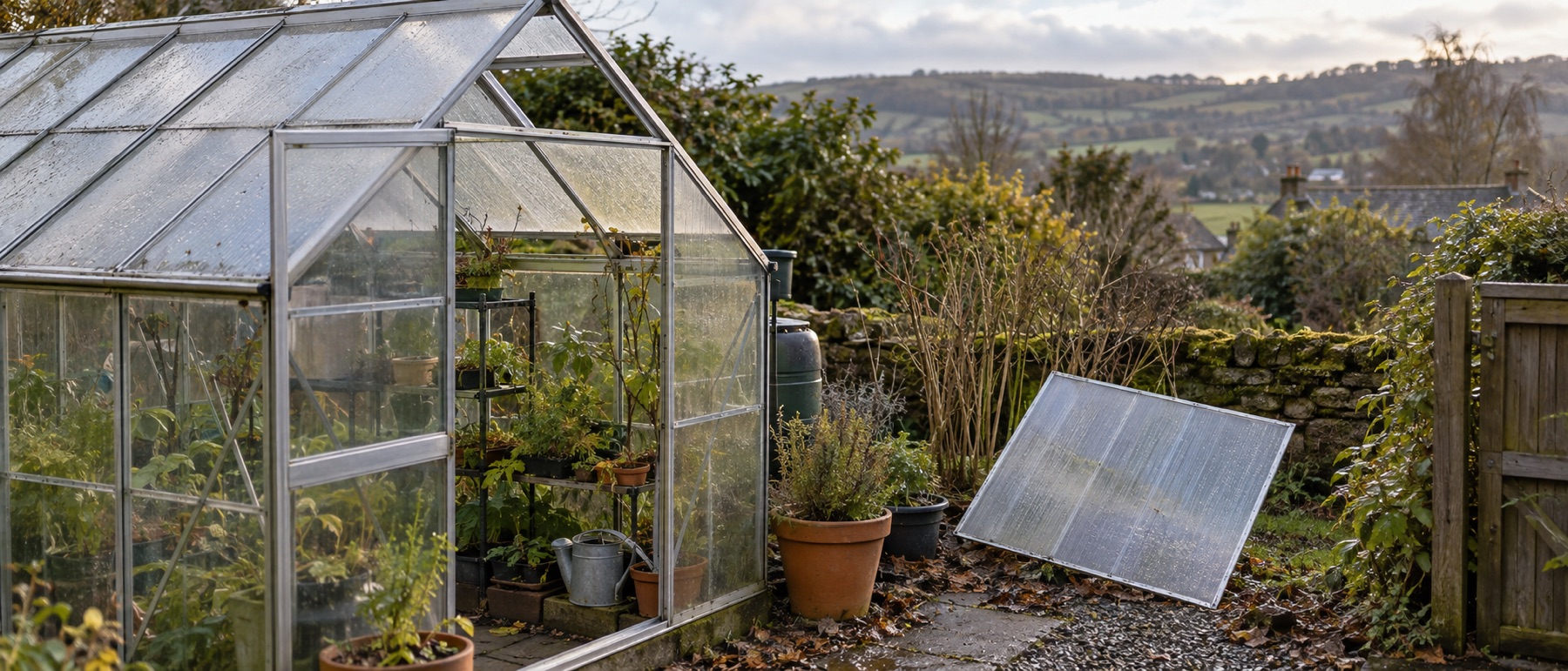 Empty greenhouse glazing bay and displaced polycarbonate panel after a windy night