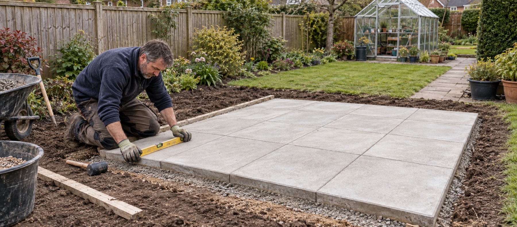 Gardener checking a newly laid paving-slab greenhouse base with a spirit level