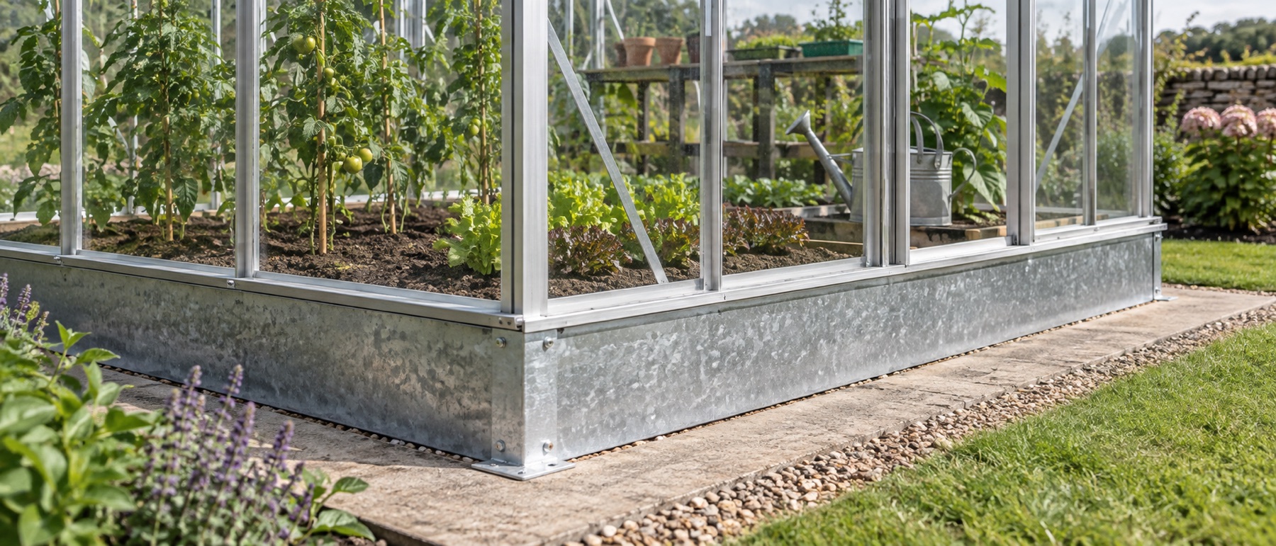 Close view of a greenhouse perimeter base on a prepared foundation beside soil growing beds
