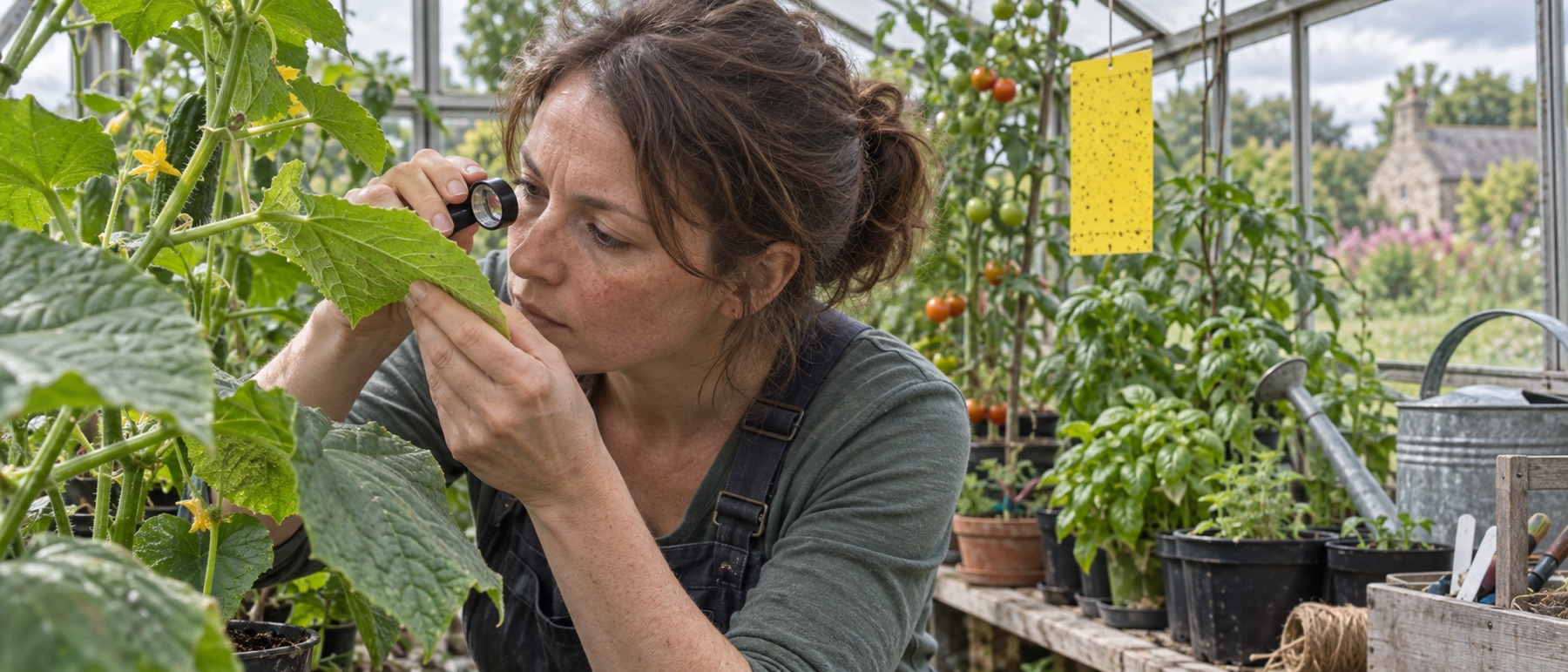 Gardener inspecting the underside of greenhouse foliage for early pest signs