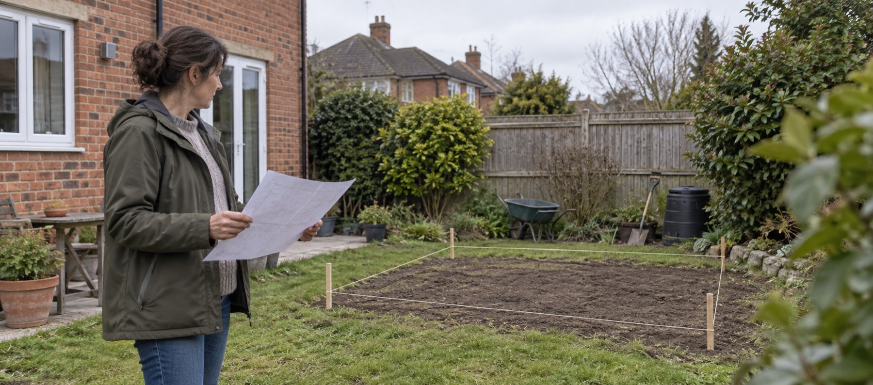 Homeowner checking a marked greenhouse plot beside a house and garden boundary